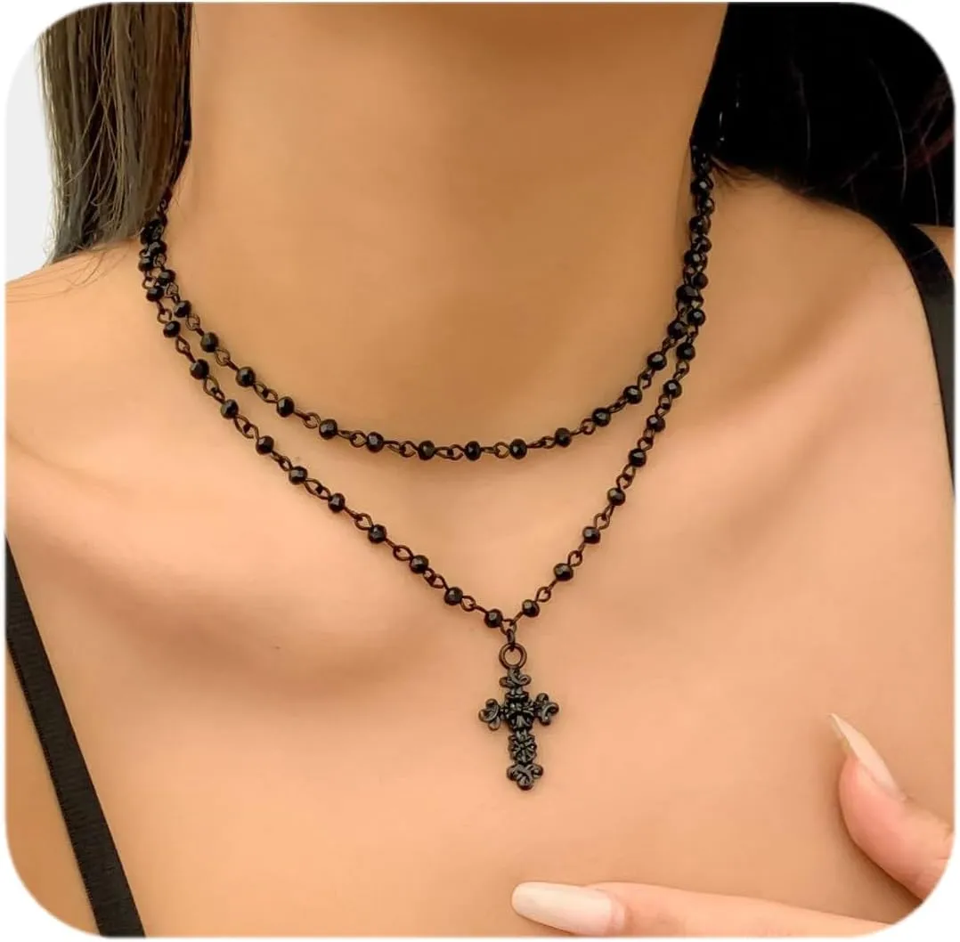 Gothic Cross Necklace Black Cross Pendant Layered Choker Halloween Jewelry for Women
