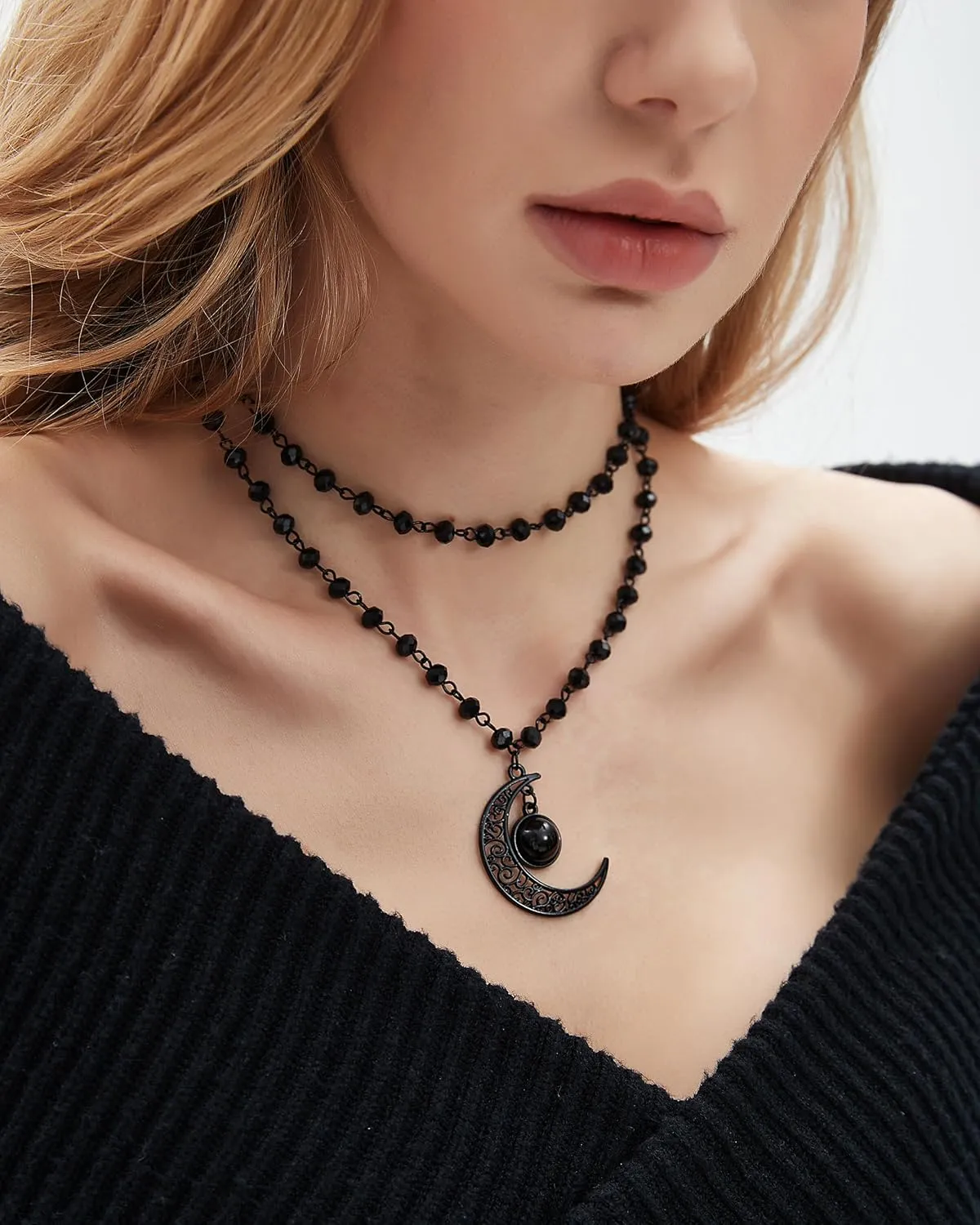 Gothic Moon Necklace Black Moon Pendant Layered Moon Choker Halloween Moon Jewelry for Women