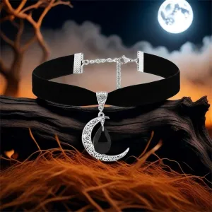 Gothic Moon Pendant Velvet Choker Purple Crystal Moon Punk Style Crescent Necklace - Dark Mystery Costume Jewelry for Women