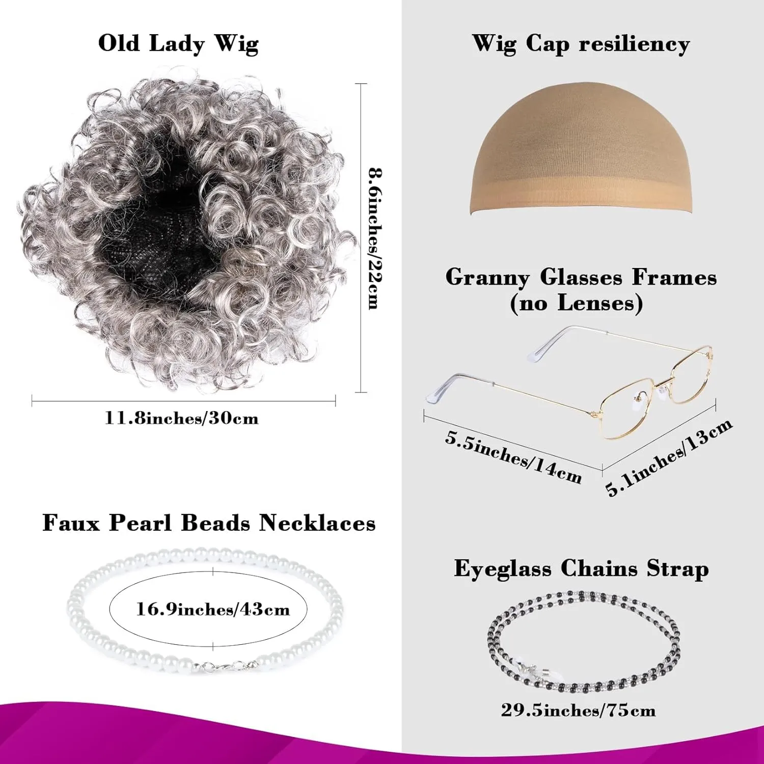 Granny Wig Old Lady Costume Set Elderly Woman Accessories Fun Wigs Light Gray Glasses Cap Faux Pearl Bead Necklace Chain for Party Halloween Cosplay,Funny Comedy