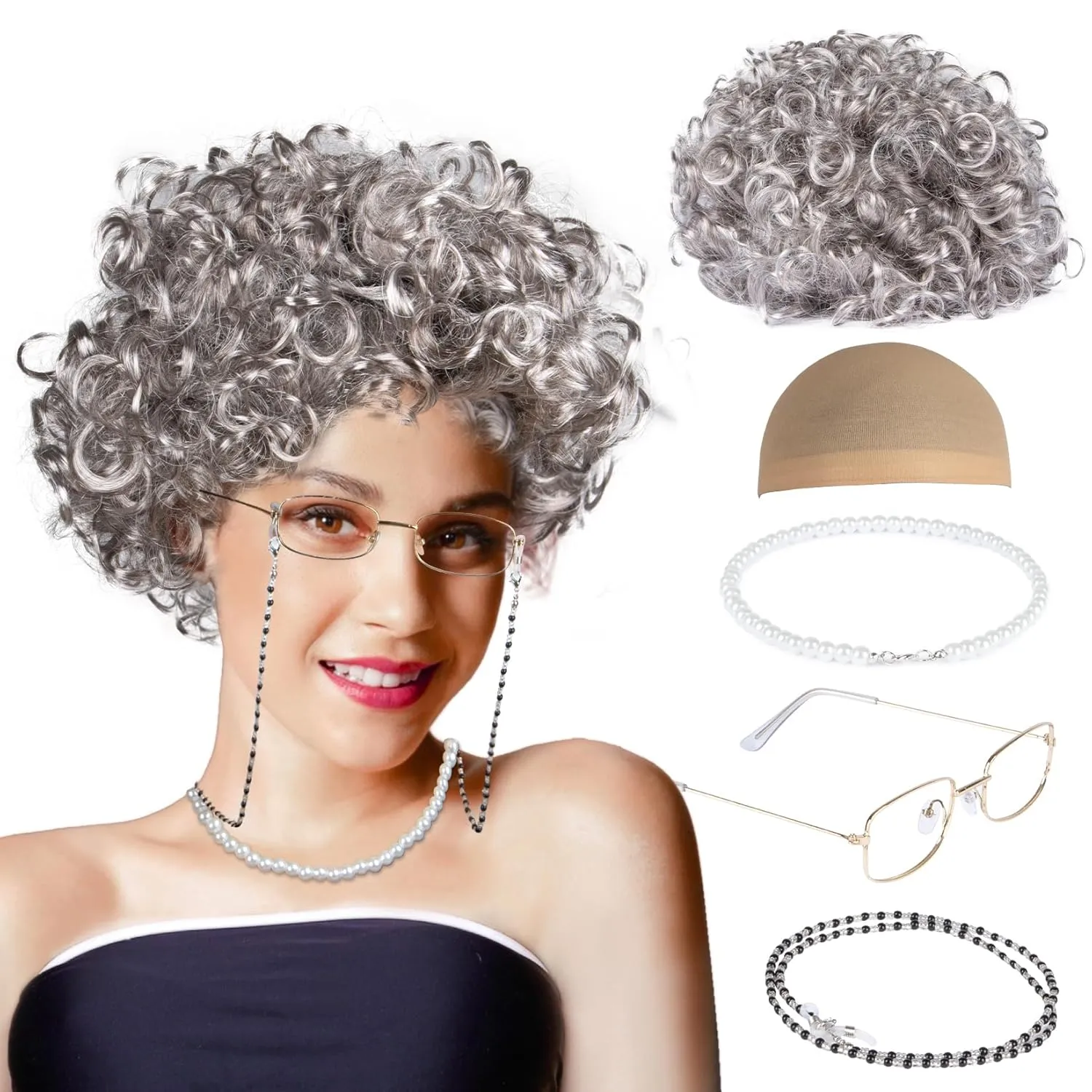 Granny Wig Old Lady Costume Set Elderly Woman Accessories Fun Wigs Light Gray Glasses Cap Faux Pearl Bead Necklace Chain for Party Halloween Cosplay,Funny Comedy