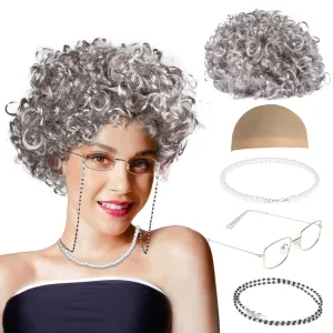 Granny Wig Old Lady Costume Set Elderly Woman Accessories Fun Wigs Light Gray Glasses Cap Faux Pearl Bead Necklace Chain for Party Halloween Cosplay,Funny Comedy