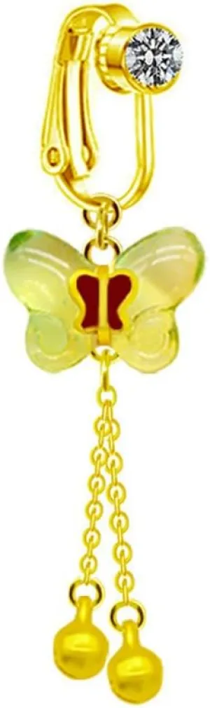 Green Butterfly Fake Belly Button Ring for Women 18K Gold Plated Stainless Steel Acrylic Jinglebell Dangle Clip On Belly Navel Rings Non-piercing Belly Jewelry