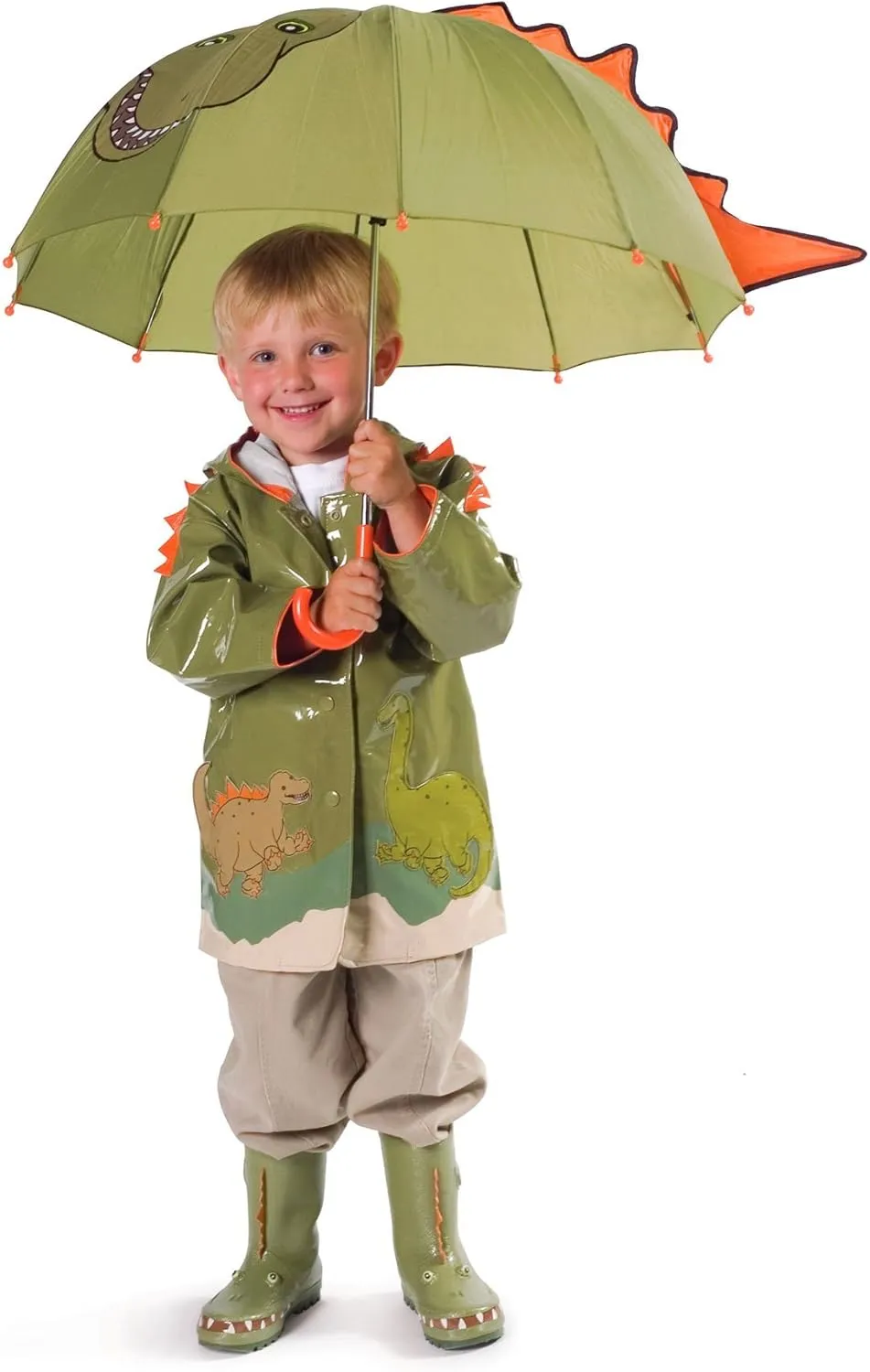Green Dinosaur Umbrella for Boys w/Fun Dino Handle, Pop-Out Spikes, Big Smile