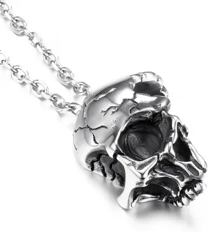 GTHIC Stainless Steel Damaged Half Face Skull Pendants Necklace For Men Women Gothic Punk Biker Jewelry with 24 Inch Chain