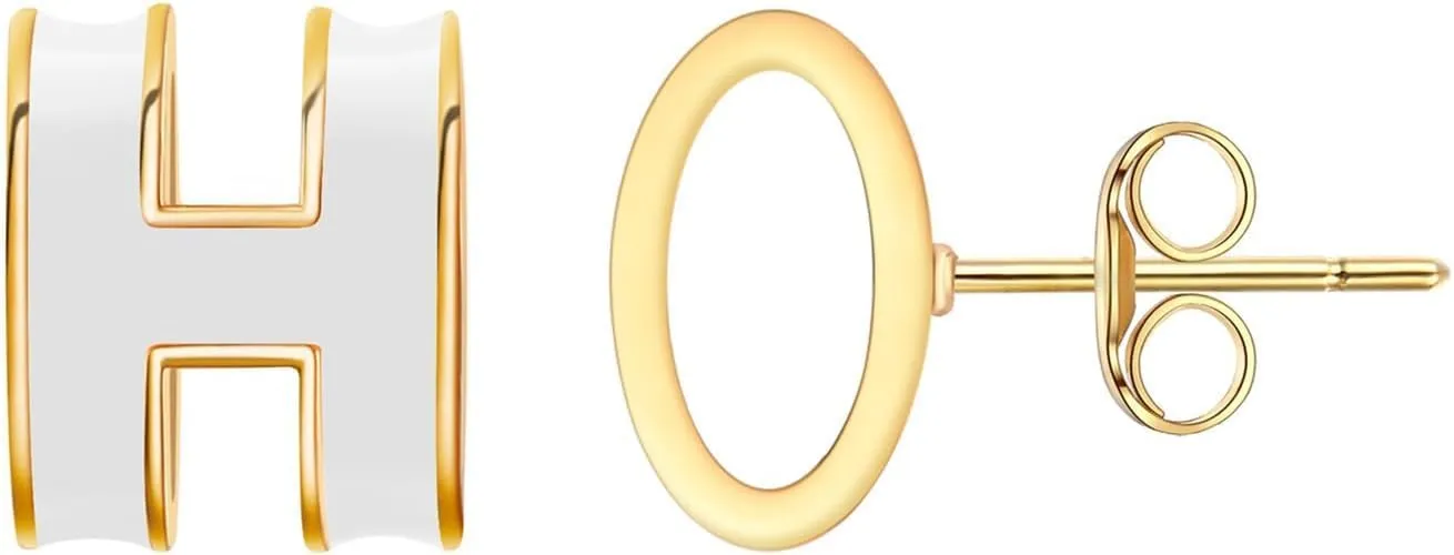 H Necklace, H earrings, Gold Stud Earrings for Women  Hypoallergenic Stainless Steel with H Enamel Color, Elegant & Trendy Jewelry for Sensitive Ears, Classic Round Enamel Earrings for Daily Wear