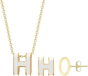 H Necklace, H earrings, Gold Stud Earrings for Women  Hypoallergenic Stainless Steel with H Enamel Color, Elegant & Trendy Jewelry for Sensitive Ears, Classic Round Enamel Earrings for Daily Wear