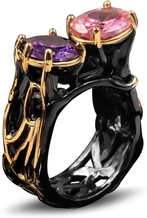 HAIXIAN Black Multi Stone Ring for Women,S925 Sterling Silver Black Punk Gothic Biker Cocktail Party Statement Ring Jewelry