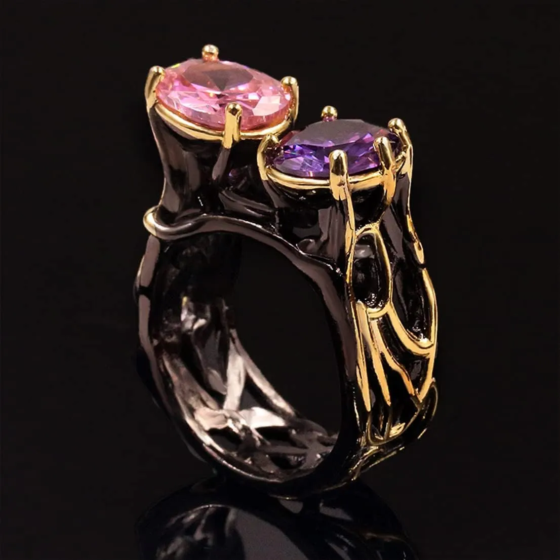 HAIXIAN Black Multi Stone Ring for Women,S925 Sterling Silver Black Punk Gothic Biker Cocktail Party Statement Ring Jewelry