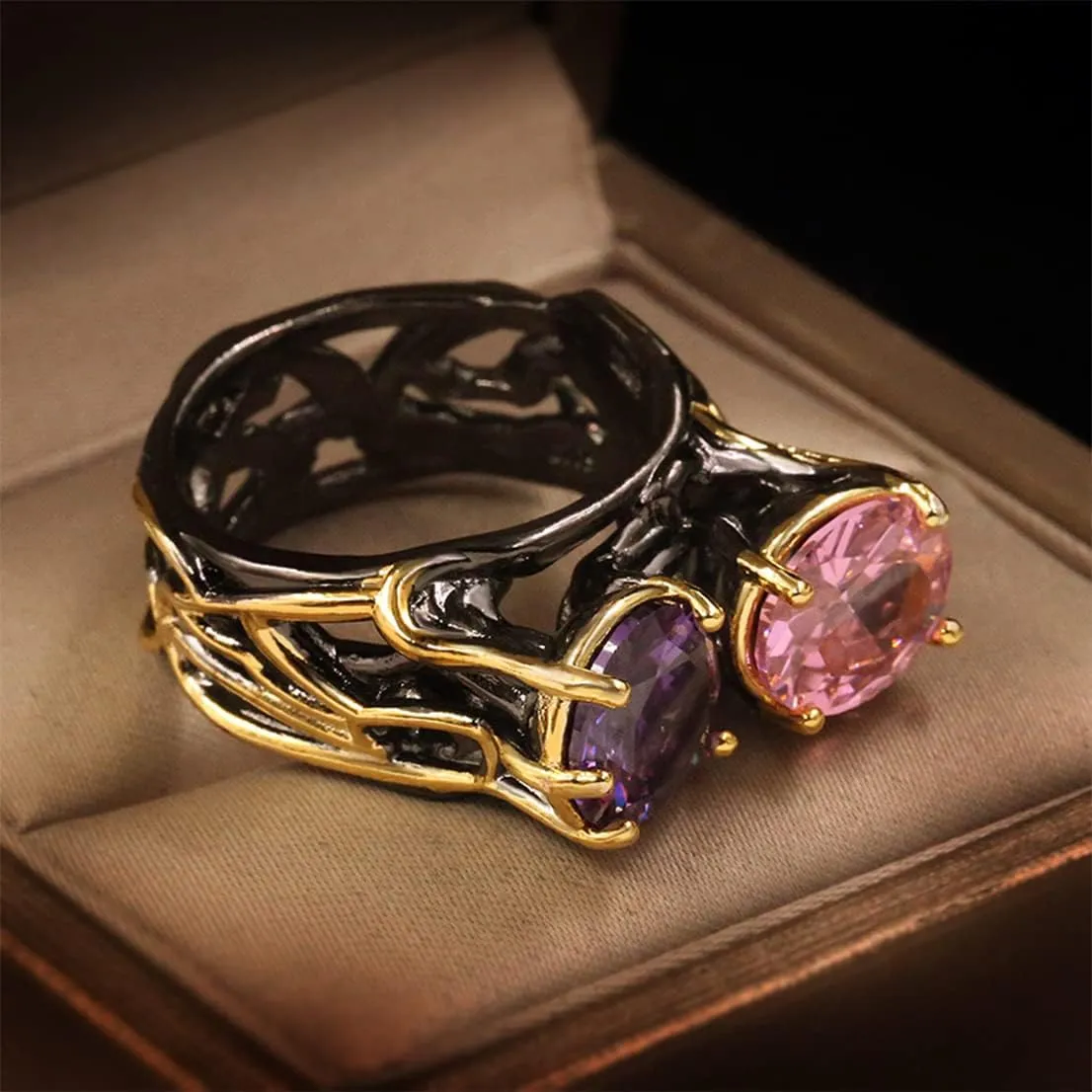 HAIXIAN Black Multi Stone Ring for Women,S925 Sterling Silver Black Punk Gothic Biker Cocktail Party Statement Ring Jewelry