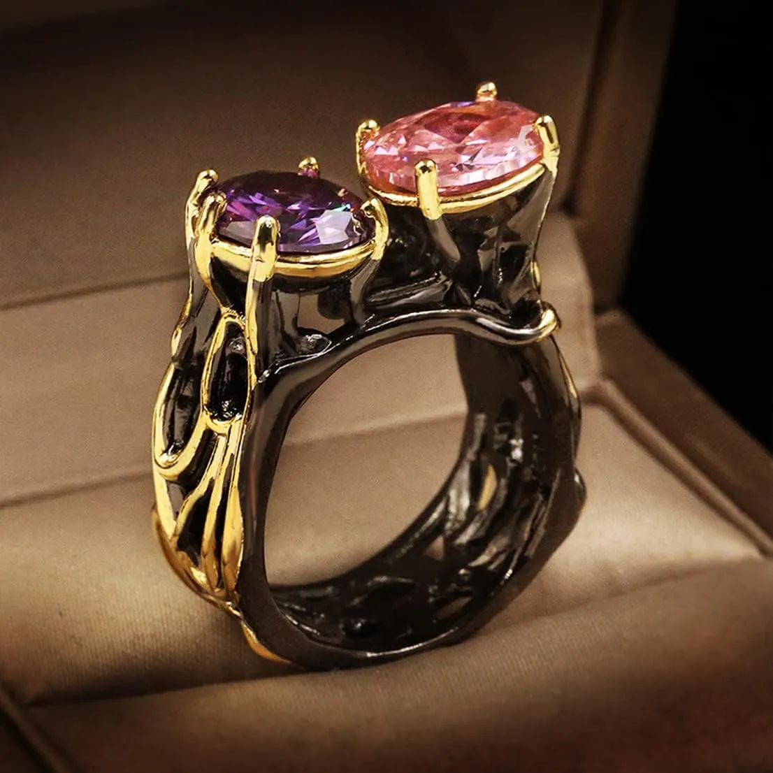 HAIXIAN Black Multi Stone Ring for Women,S925 Sterling Silver Black Punk Gothic Biker Cocktail Party Statement Ring Jewelry