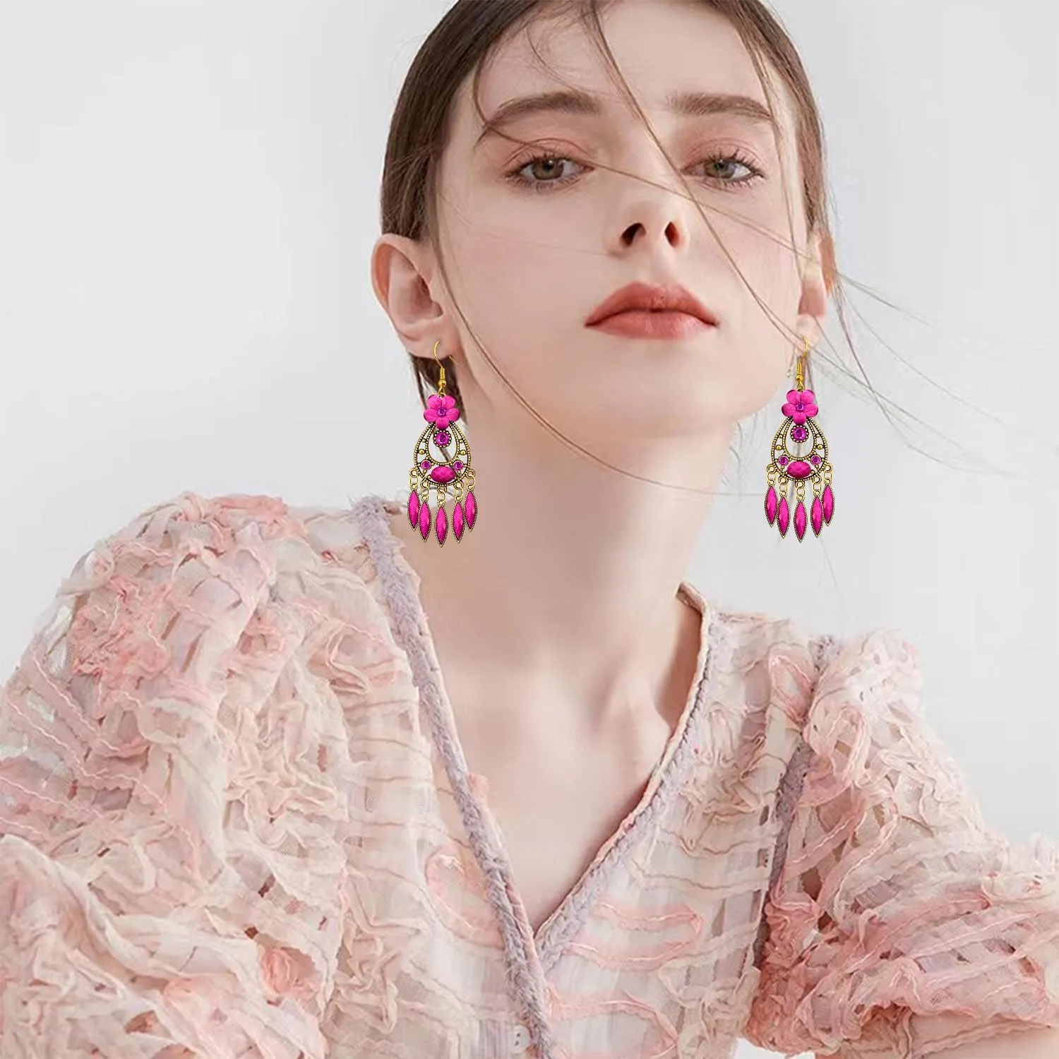 Handmade Bohemian Dainty Acrylic Crystal Chandelier Flower Dangle Drop Earrings Lightweight Aesthetic Floral Leaf Alloy Hook Earrings for Women