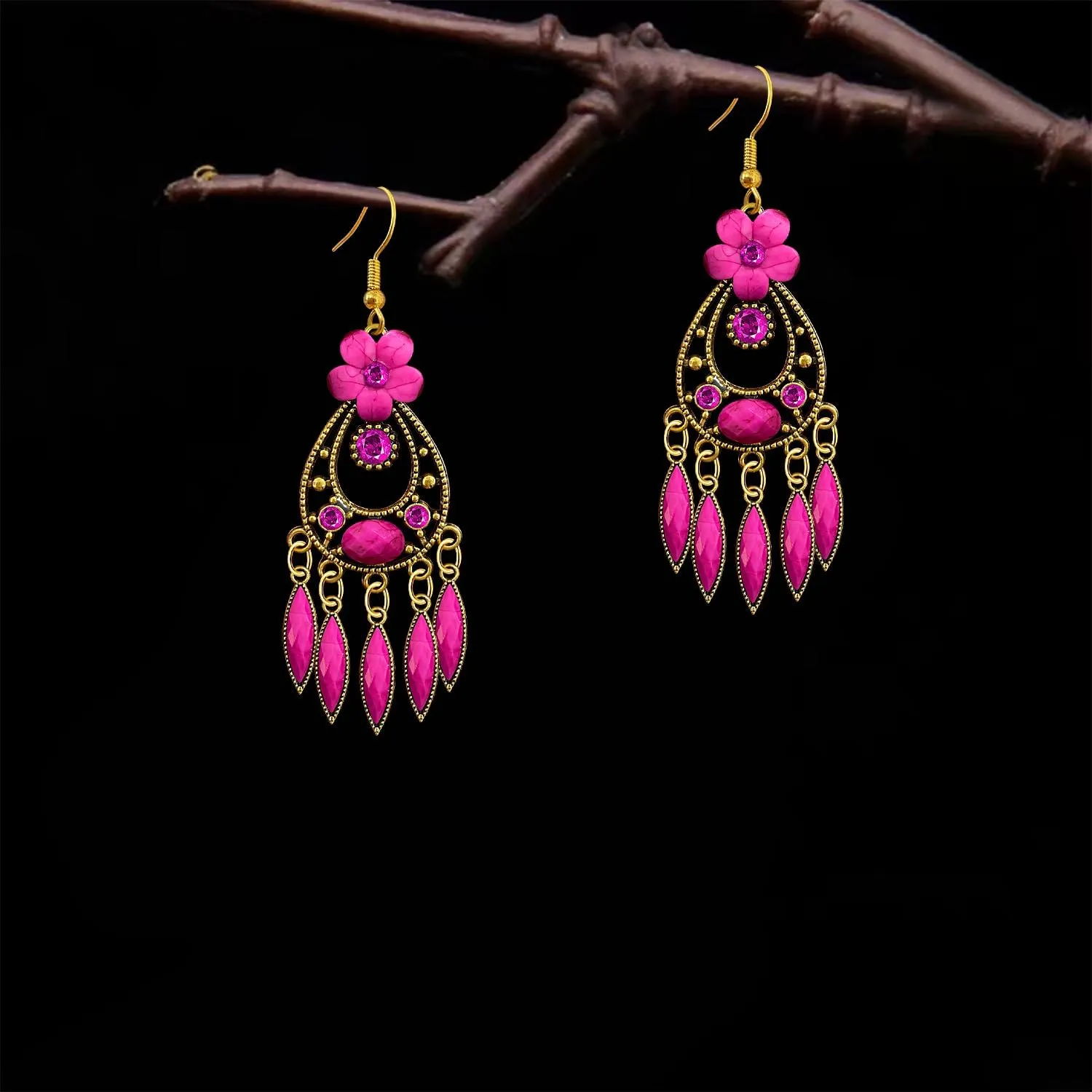 Handmade Bohemian Dainty Acrylic Crystal Chandelier Flower Dangle Drop Earrings Lightweight Aesthetic Floral Leaf Alloy Hook Earrings for Women