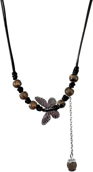 Handmade Butterfly Pendant Necklace for Women, Adjustable Black Brown Color Beaded Choker, Natural Agate & Tiger Eye Stone Gothic Boho Y2K Fashion Jewelry for Aesthetic, Punk, Vintage, Casual Outfits