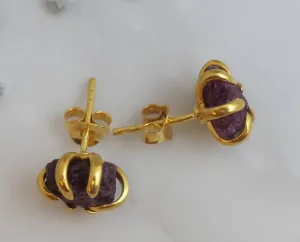 Handmade Large 6-8mm Raw Ruby Gold Plated Sterling Silver Stud Earrings - Natural Gem Gemstone - Handmade Jewelry Gift Ideas for Women - Birthday Gift - July Birthstone (yellow-gold-plated-silver)