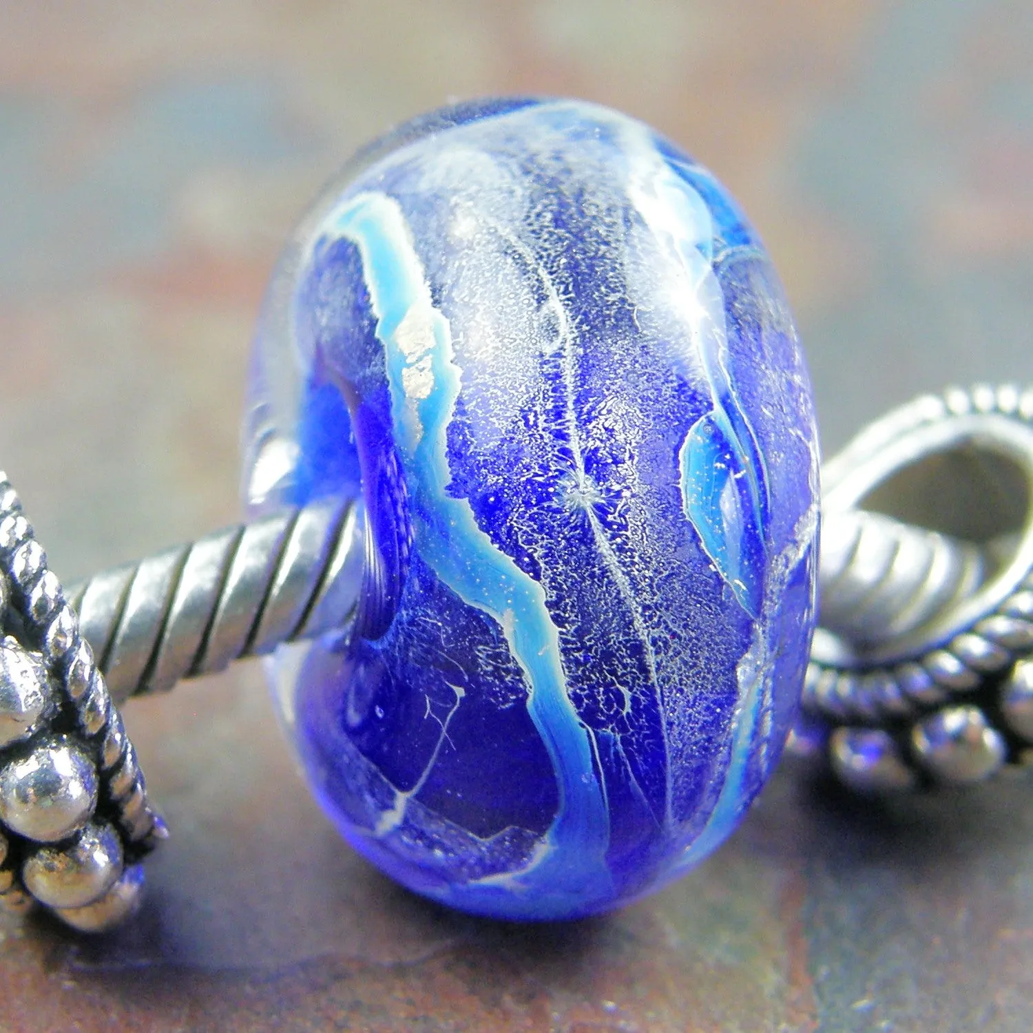 Handmade Large Hole Lampwork Beads, Glass Artisan Charm Robins Egg Blue Silver