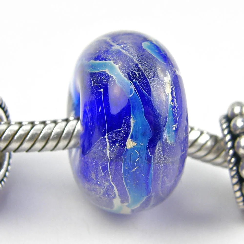 Handmade Large Hole Lampwork Beads, Glass Artisan Charm Robins Egg Blue Silver