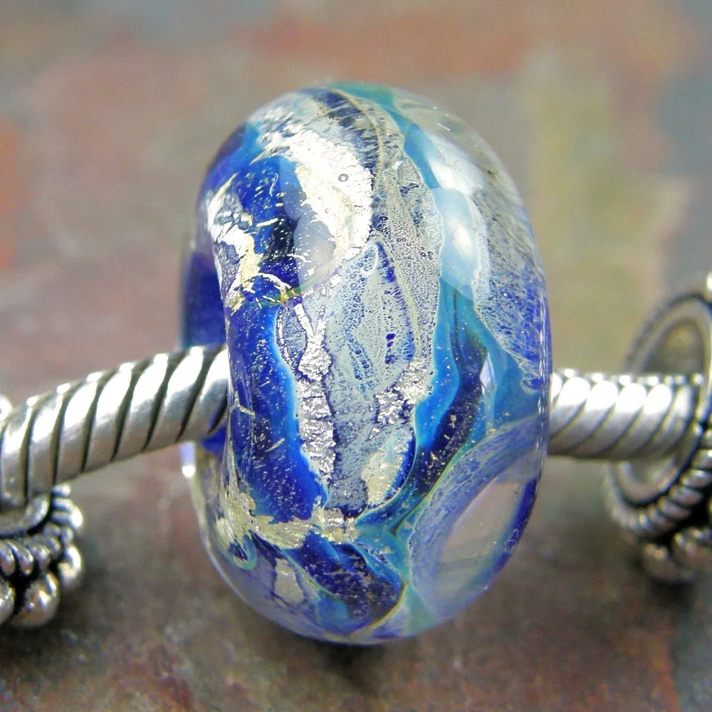 Handmade Large Hole Lampwork Beads, Glass Artisan Charm Robins Egg Blue Silver