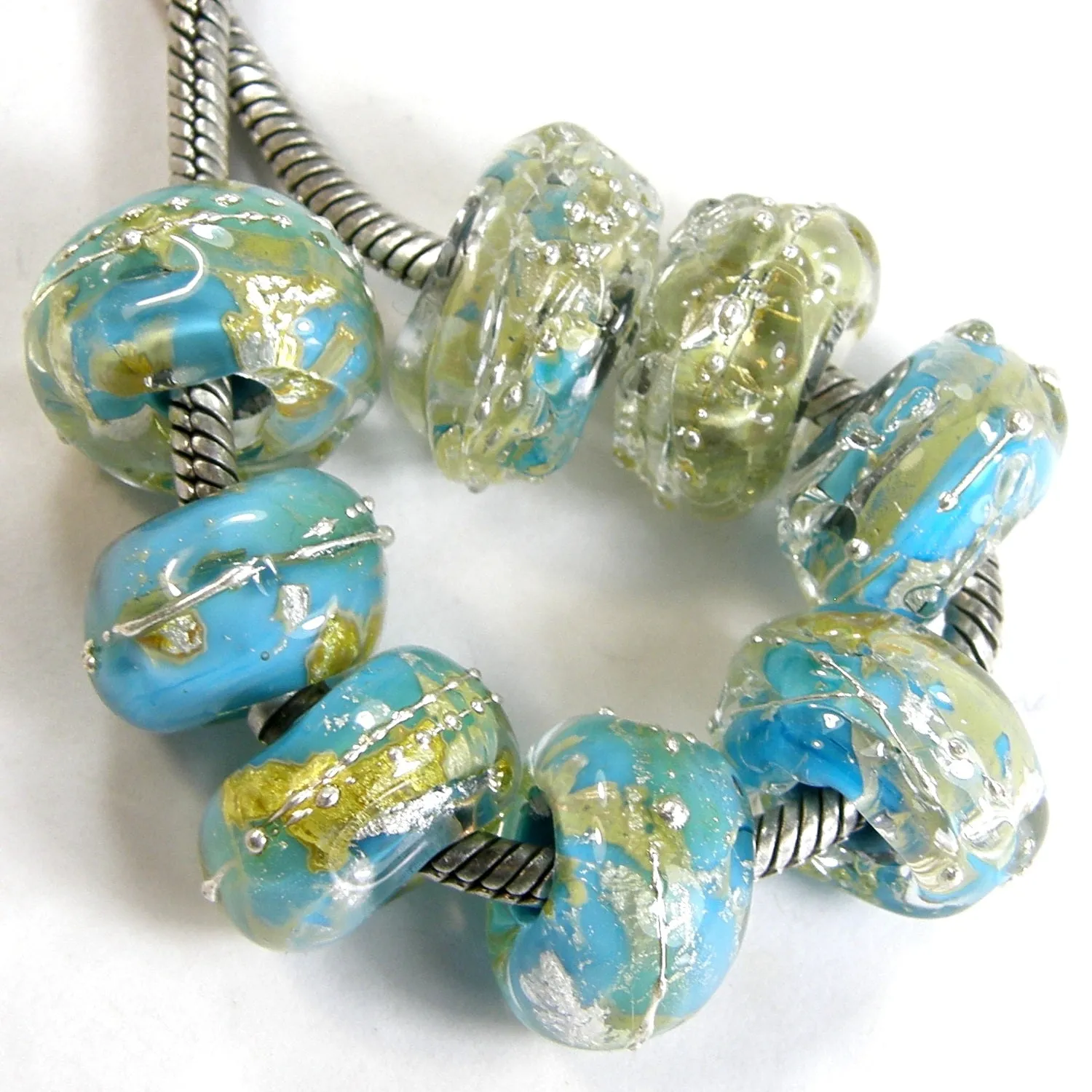 Handmade Large Hole Lampwork Beads, Glass Charms Nuggets Turqouise Ice Silver