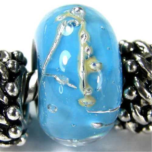 Handmade Large Hole Lampwork Beads, Glass Slider Bead Encased Dark Sky Blue Silver