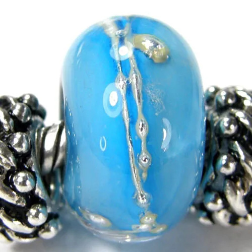 Handmade Large Hole Lampwork Beads, Glass Slider Bead Encased Dark Sky Blue Silver