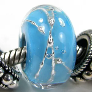 Handmade Large Hole Lampwork Beads, Glass Slider Bead Encased Dark Sky Blue Silver