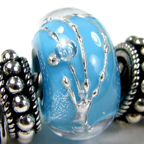 Handmade Large Hole Lampwork Beads, Glass Slider Bead Encased Dark Sky Blue Silver