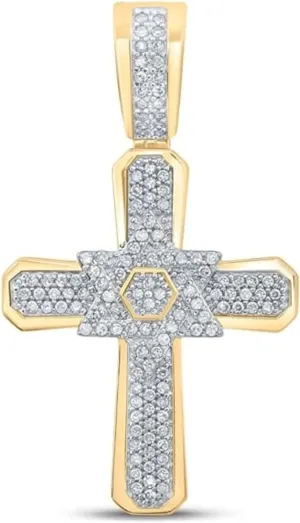 Handmade Real 925 Sterling Silver 14K Yellow Gold Plated Round Cut White Diamond Star on Jesus Cross 2.5 Inches With Bail Pendant Jewelry Gifts
