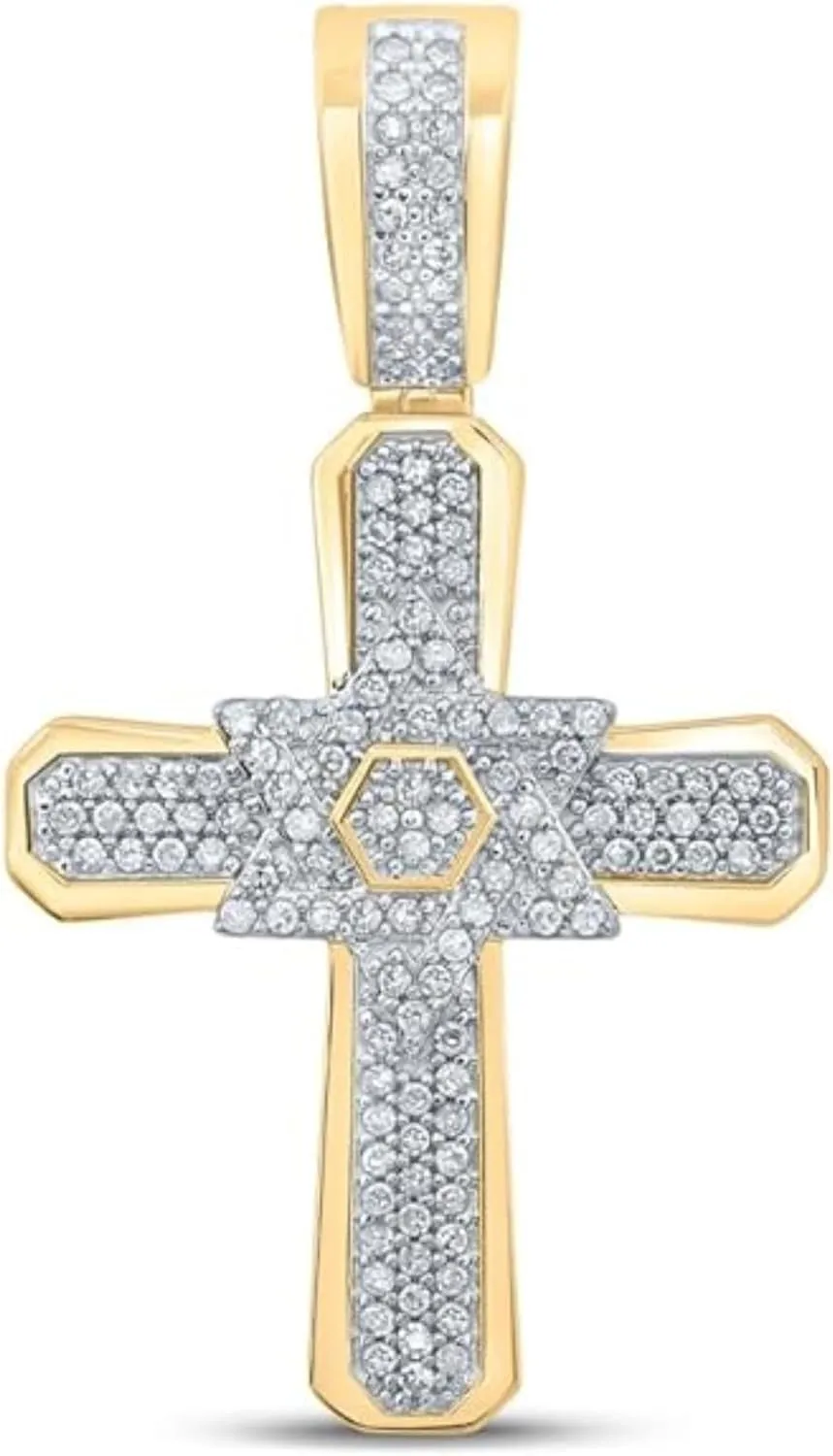 Handmade Real 925 Sterling Silver 14K Yellow Gold Plated Round Cut White Diamond Star on Jesus Cross 2.5 Inches With Bail Pendant Jewelry Gifts