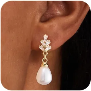 HANLI 14K Gold Plated Wedding Prom Pearl Elegant Earrings for Brides - Gold CZ Dangle Drop Cute Bridal Earring for Women Dainty Dangling Stud Earrings Jewelry Trendy