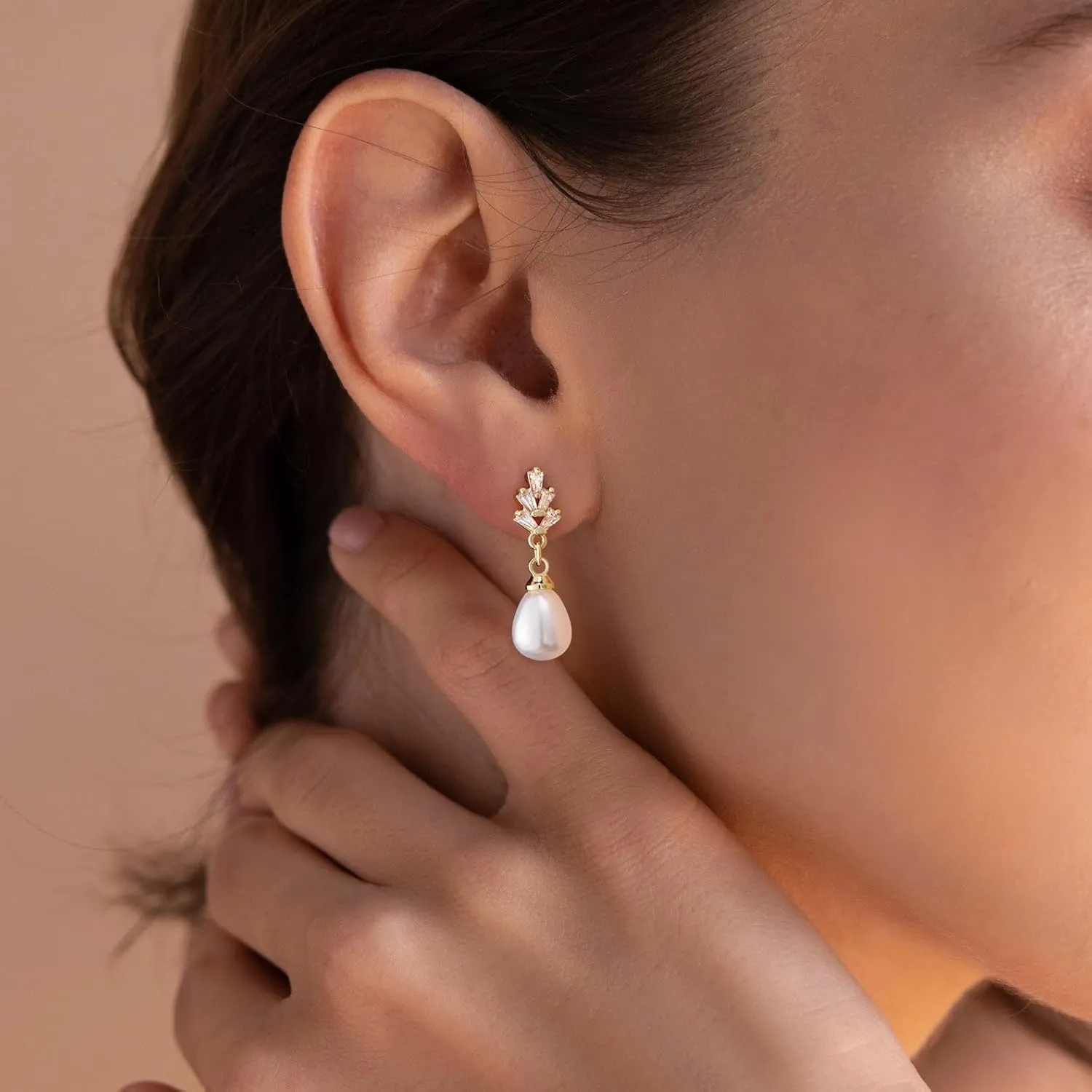 HANLI 14K Gold Plated Wedding Prom Pearl Elegant Earrings for Brides - Gold CZ Dangle Drop Cute Bridal Earring for Women Dainty Dangling Stud Earrings Jewelry Trendy