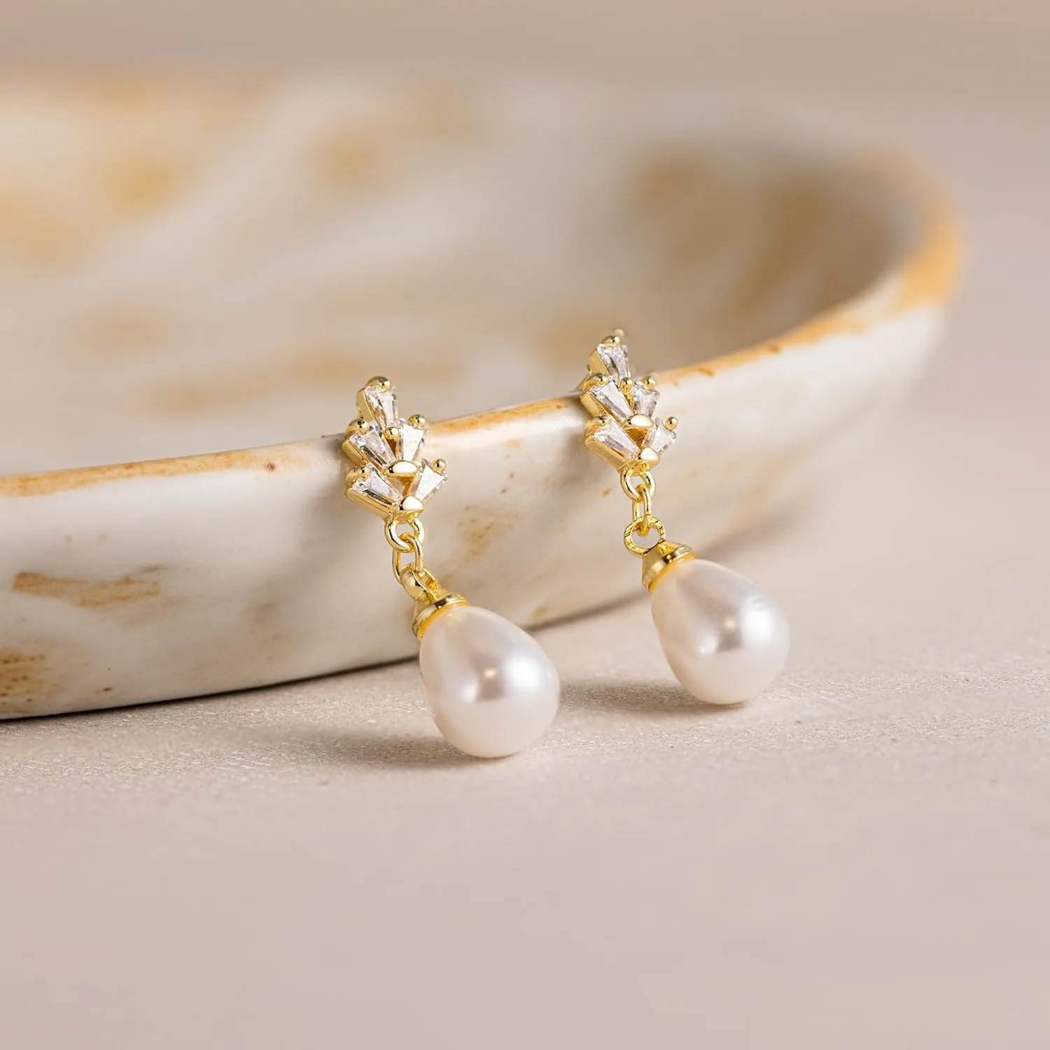 HANLI 14K Gold Plated Wedding Prom Pearl Elegant Earrings for Brides - Gold CZ Dangle Drop Cute Bridal Earring for Women Dainty Dangling Stud Earrings Jewelry Trendy