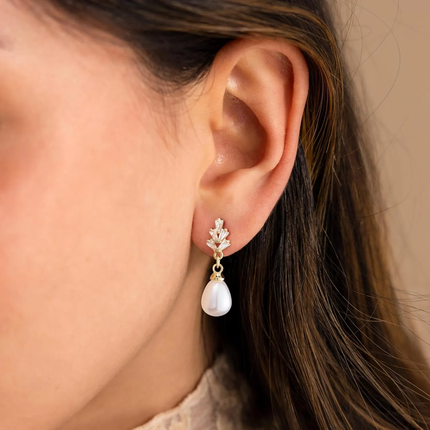 HANLI 14K Gold Plated Wedding Prom Pearl Elegant Earrings for Brides - Gold CZ Dangle Drop Cute Bridal Earring for Women Dainty Dangling Stud Earrings Jewelry Trendy