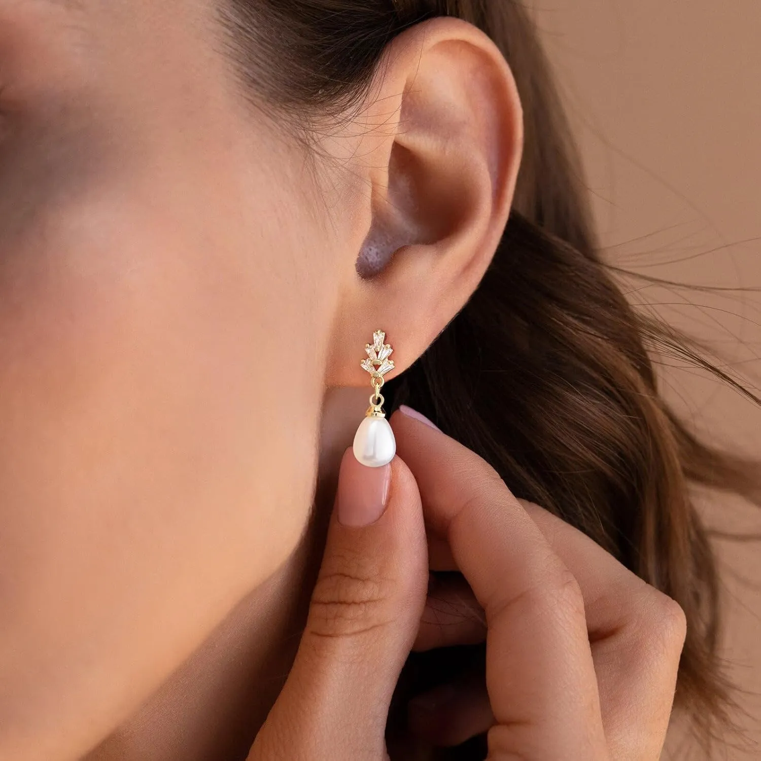 HANLI 14K Gold Plated Wedding Prom Pearl Elegant Earrings for Brides - Gold CZ Dangle Drop Cute Bridal Earring for Women Dainty Dangling Stud Earrings Jewelry Trendy