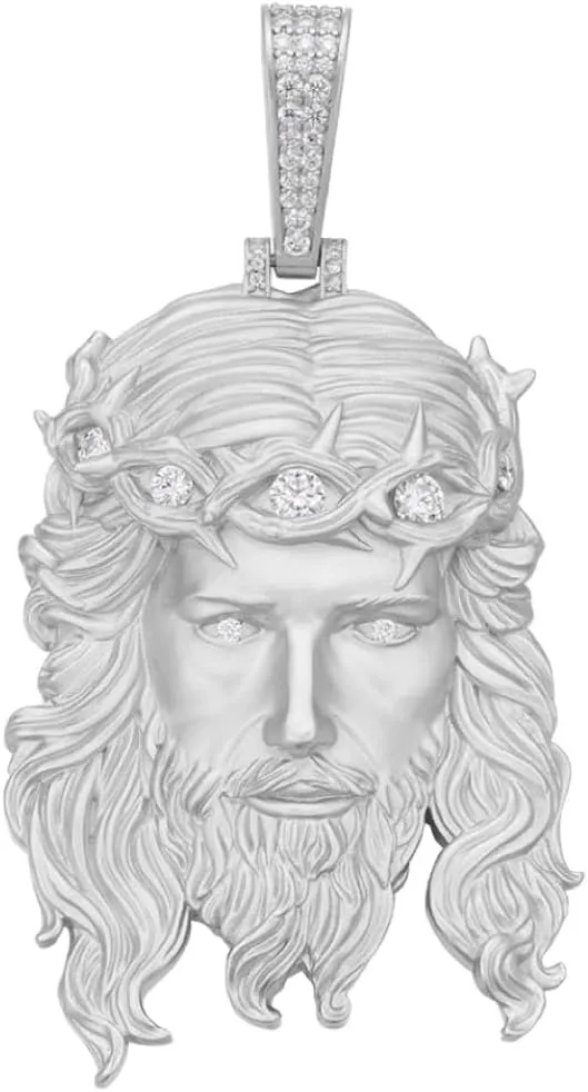 HarlemBling MOISSANITE - Iced Jesus Piece Heavy Pendant Necklace - Very Detailed Solid Back - Solid 925 Silver Matte Sandblasted Finish