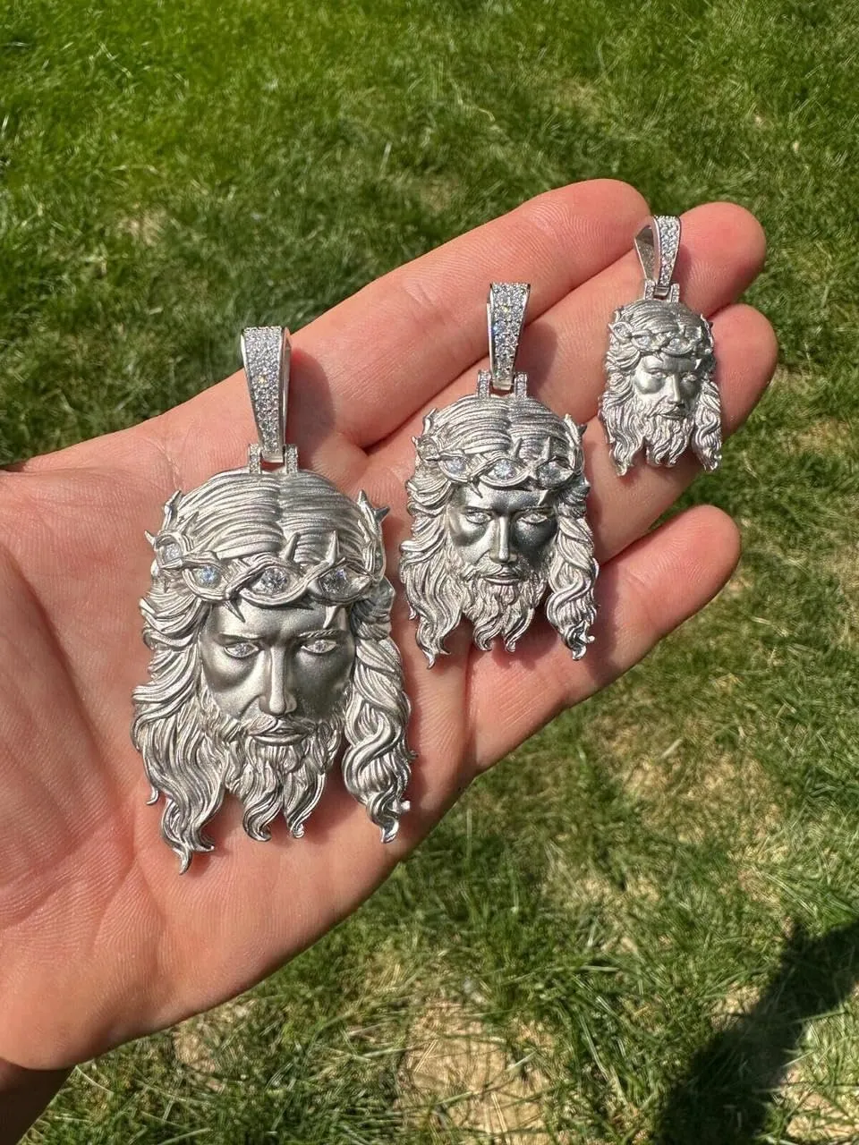 HarlemBling MOISSANITE - Iced Jesus Piece Heavy Pendant Necklace - Very Detailed Solid Back - Solid 925 Silver Matte Sandblasted Finish