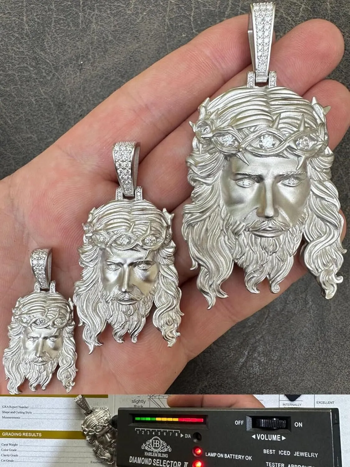 HarlemBling MOISSANITE - Iced Jesus Piece Heavy Pendant Necklace - Very Detailed Solid Back - Solid 925 Silver Matte Sandblasted Finish