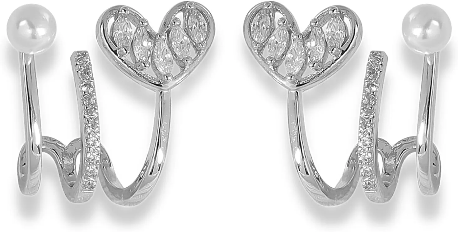Heart Claw Earrings For Women, Triple Huggie Illusion Stud Earrings, Fashion 925 Sterling Silver Earrings Needle, Minimalist pearl Ear Wrap Hoop Cubic Zirconia Piercing Cuff Earrings(Style3,Silver)
