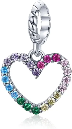 Heart Hollow Colorful Pendant Bead 925 Sterling Silver Heart-shaped Love Rainbow Charms Sparkling CZ Zircon for Necklace Bracelet Making Jewelry Gift for Women Girls