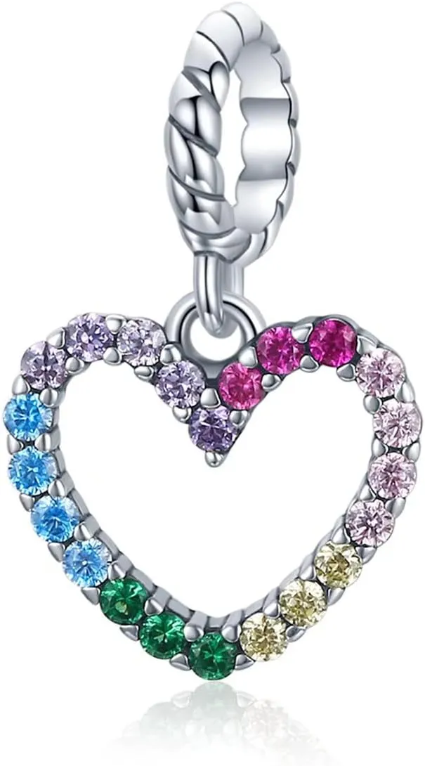Heart Hollow Colorful Pendant Bead 925 Sterling Silver Heart-shaped Love Rainbow Charms Sparkling CZ Zircon for Necklace Bracelet Making Jewelry Gift for Women Girls