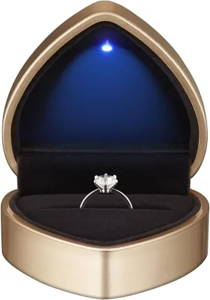Heart Shaped Ring Gift Box with LED Light, Velvet Earrings Jewelry Case with Light, Jewellry Display Box for Wedding, Engagement, Proposal, Birthday and Anniversary (Gold)