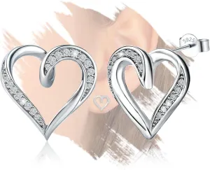 Heart Stud Earrings for Women - Sterling Silver Love Heart-Shaped Post Earrings for Lady Hypoallergenic Cubic Zirconia Classic Jewelry Gifts for Her Wife Mother