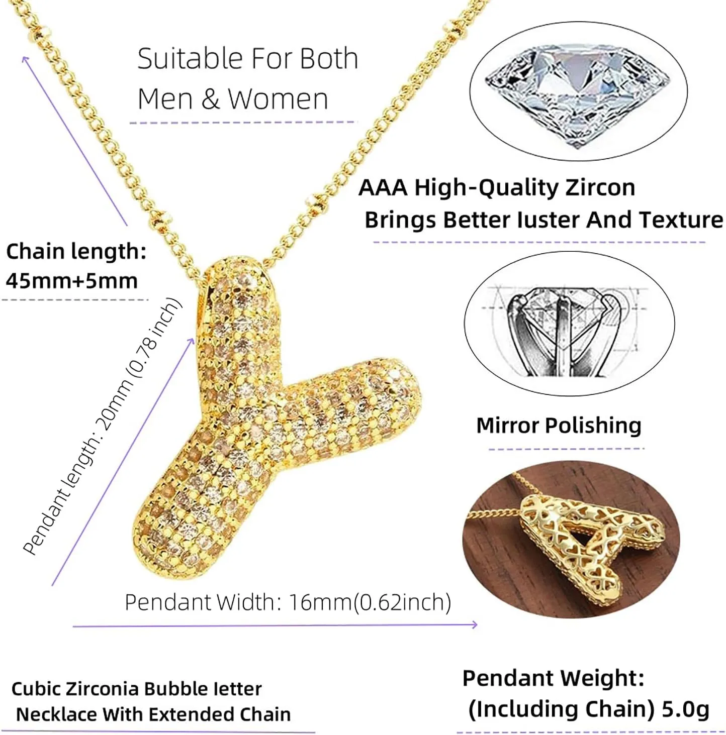 Hermosa Gold Plated Initial Pendant Necklace with Sparkling Zirconia, 17 Inch Adjustable Chain (2 Inches Extension), Elegant Letter Charm Jewelry