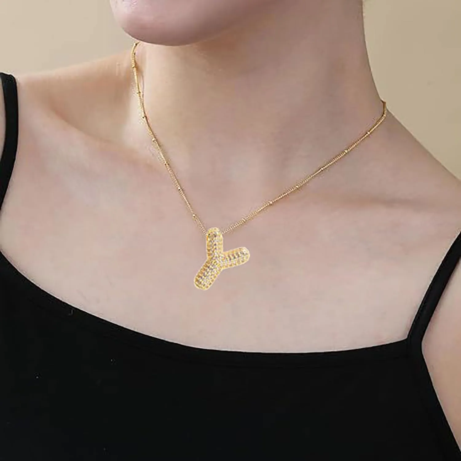 Hermosa Gold Plated Initial Pendant Necklace with Sparkling Zirconia, 17 Inch Adjustable Chain (2 Inches Extension), Elegant Letter Charm Jewelry
