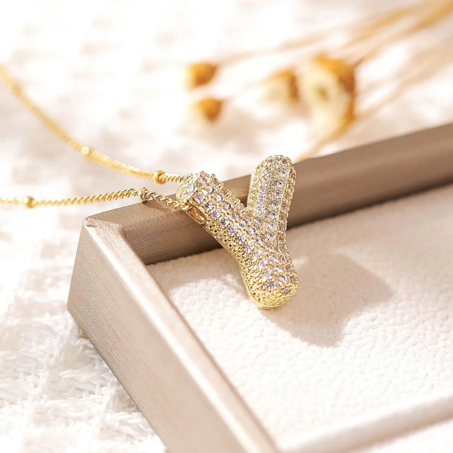 Hermosa Gold Plated Initial Pendant Necklace with Sparkling Zirconia, 17 Inch Adjustable Chain (2 Inches Extension), Elegant Letter Charm Jewelry