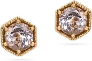 Hexagonal Crystal Stud Earrings, Gold Plated, Pink Stone, Vintage Style