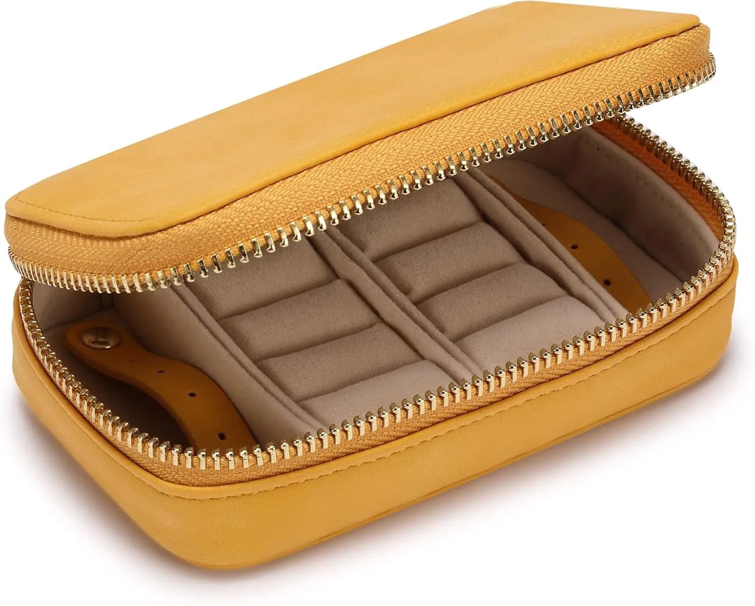 HISCOW Vegan Leather Travel Jewelry Case with Zipper - Portable Necklace & Earring Holder Organizer for Women Girls, Velvet-Lined Ring Box with Anti-Tarnish Design, Yellow