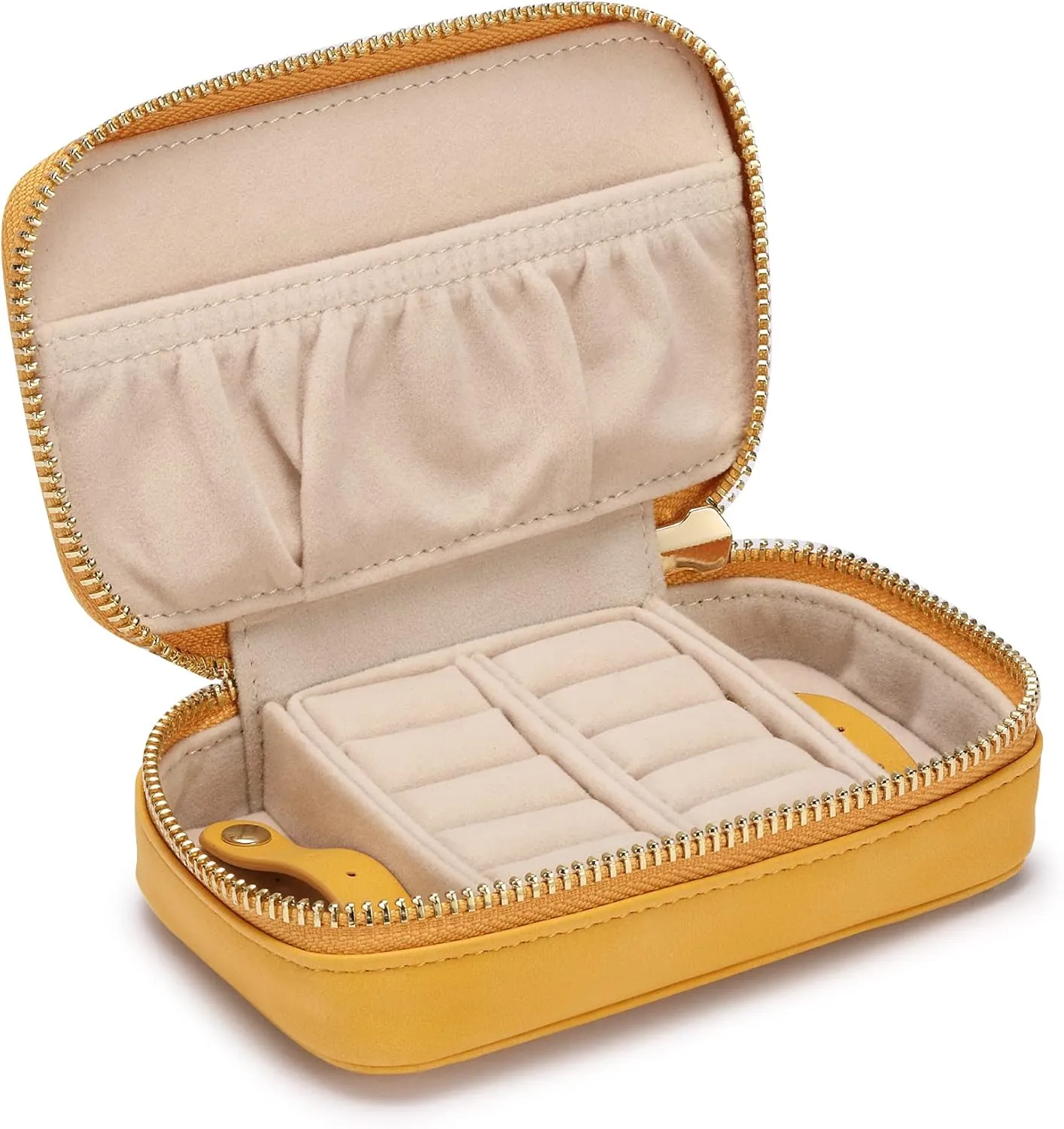 HISCOW Vegan Leather Travel Jewelry Case with Zipper - Portable Necklace & Earring Holder Organizer for Women Girls, Velvet-Lined Ring Box with Anti-Tarnish Design, Yellow