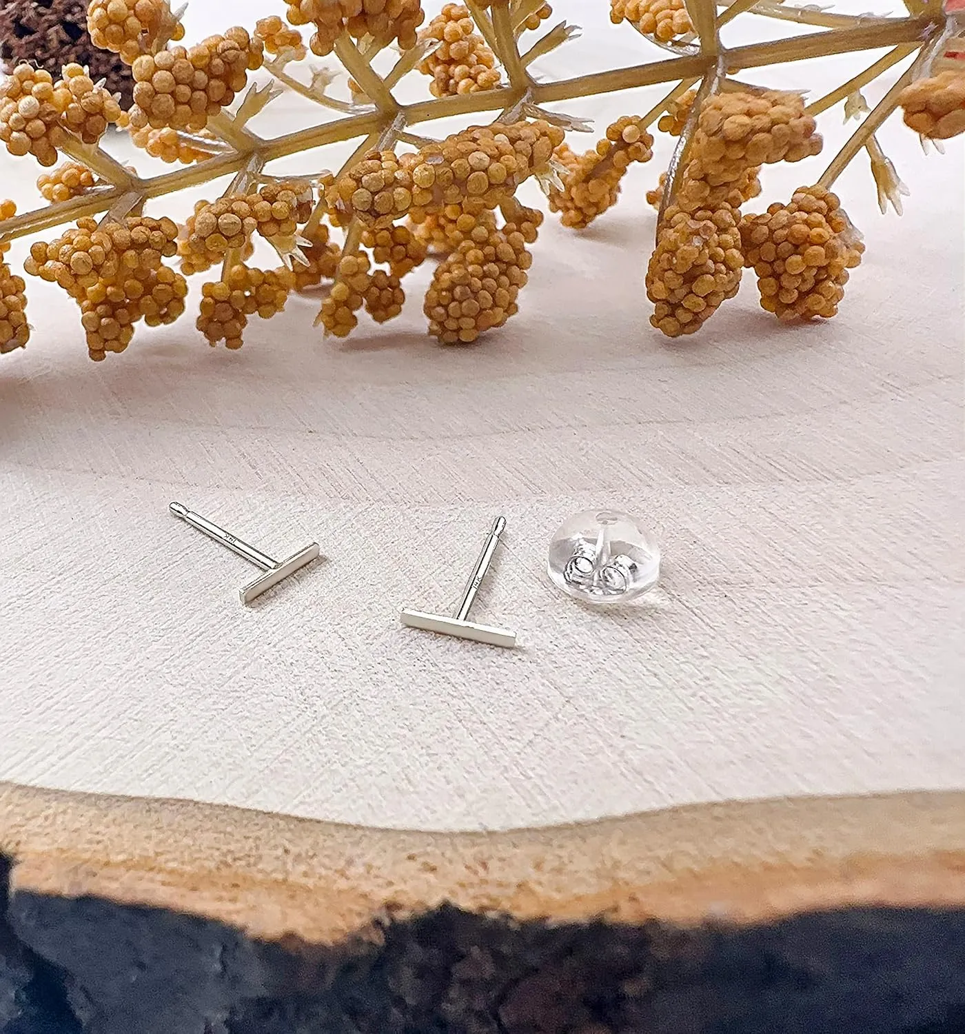 Hoberta Real 14K Solid Gold Tiny Line Bar Stud Earrings for Women & Girls - Hypoallergenic for Sensitive Ears, Small & Minimalist Jewelry for Gifts (Small Line White Gold)