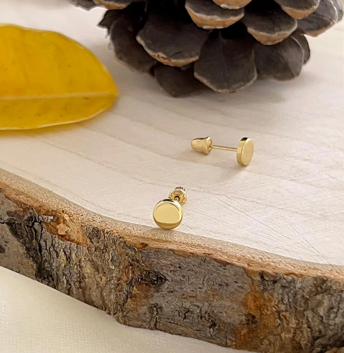 Hoberta Real 14k solid Round Yellow Gold Tiny Circle Stud Earrings with Screw back for Women Girls Men for Sensitive ears Small & Minimalist Dot Studs Jewelry for Gifts (4mm)